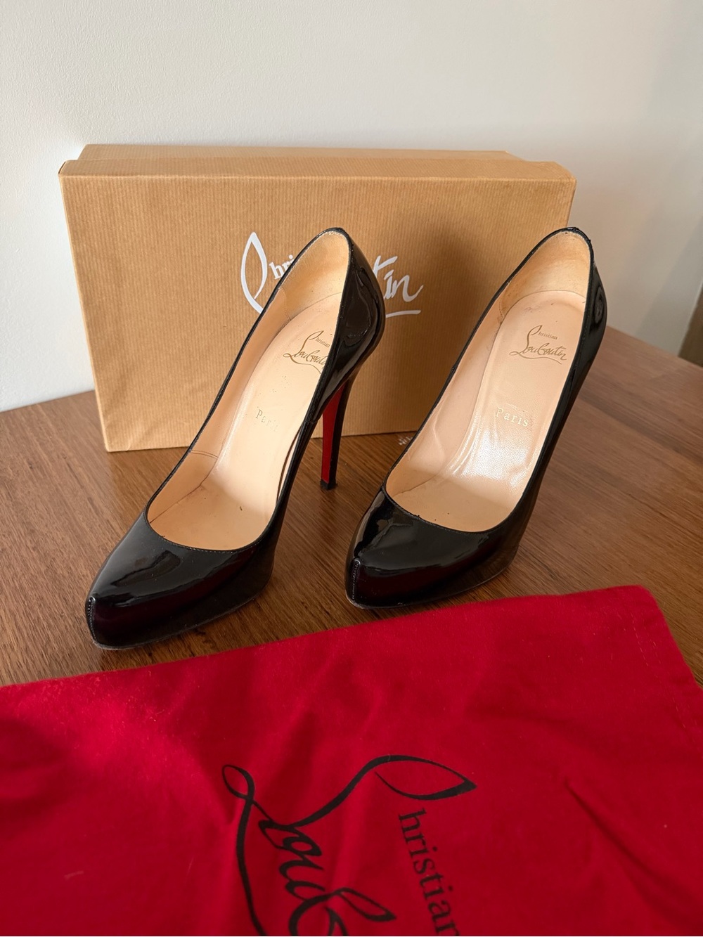 Roland Black Patent Leather Platform Stiletto Heels with Red Sole